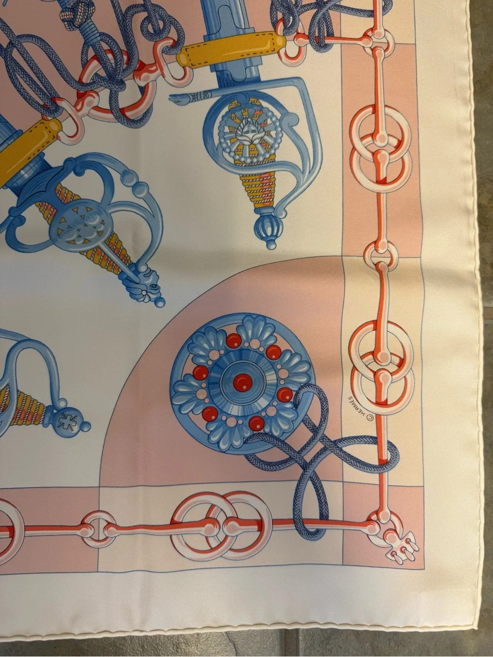 Hermes Silk Scarf in Blue, Pink, Yellow and Cream